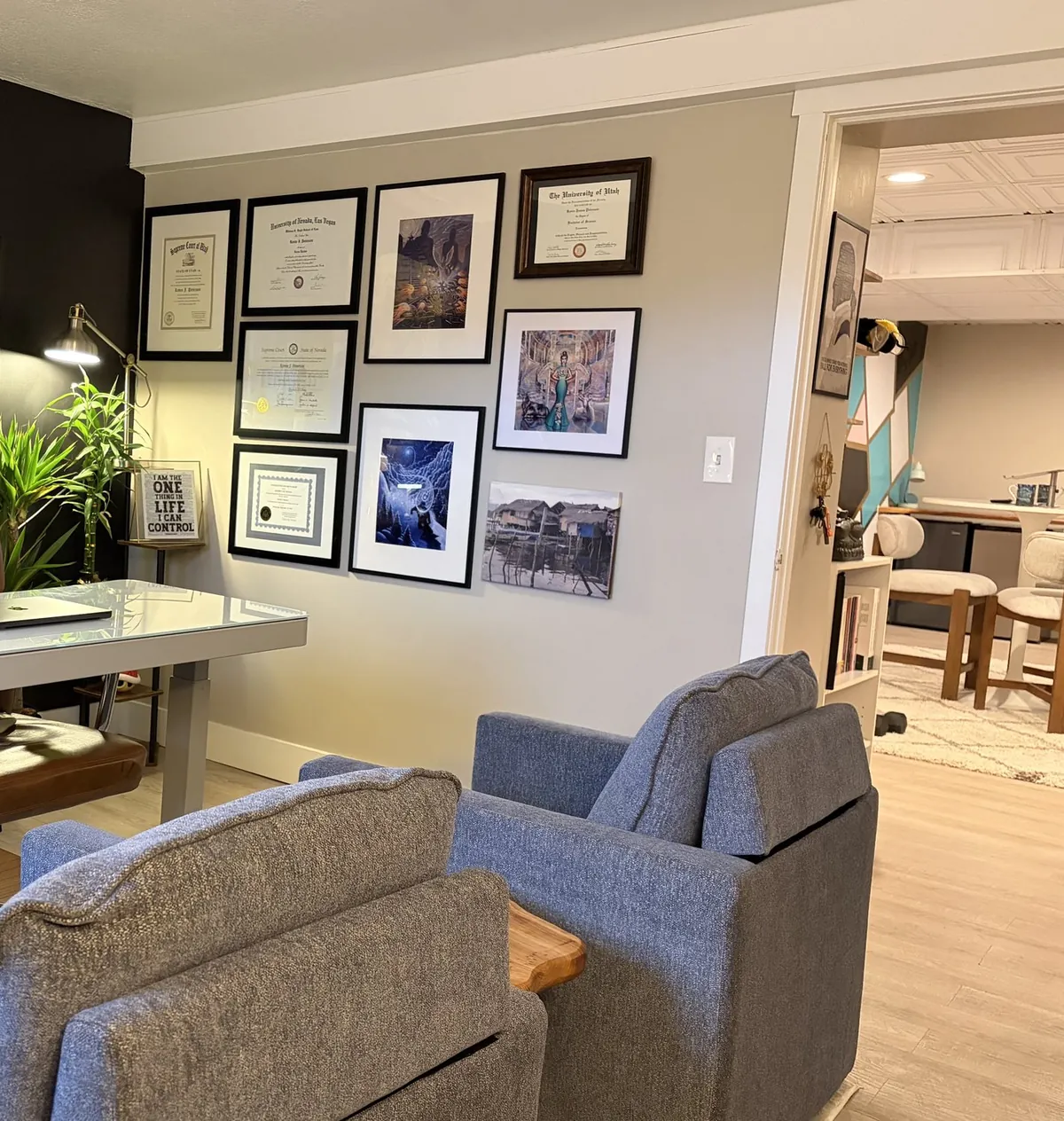 Inside Kevin Peterson's office at Apis Felix Law — bar admissions and diplomas on the wall, chairs for clients